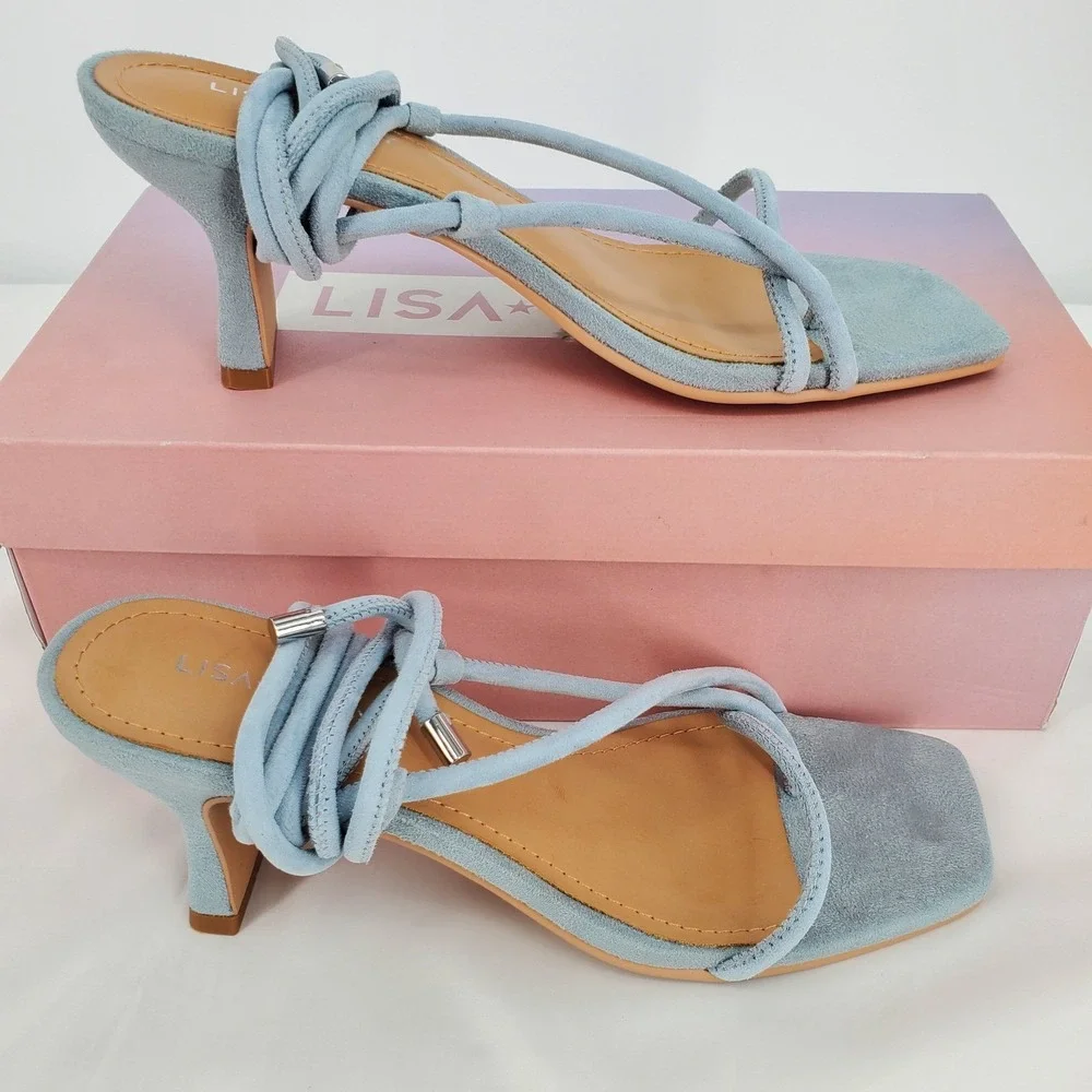 Lisa Vicky Womens 6.5M Zag Ankle Tie Sandal In Sky Blue Suede Heels Strappy New